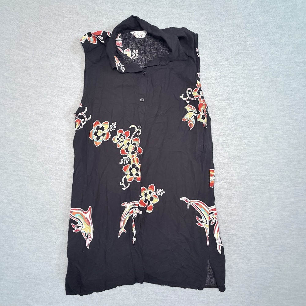 VTG Cabali‎ Cancun L Mini Dress Black Floral Hawaiian Swim Cover Up Boho Beachy